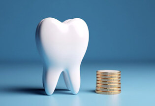 a tooth and coins representing the cost of dental crowns