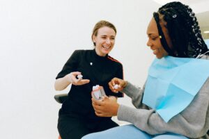 Dentist discussing dental crown with a patient